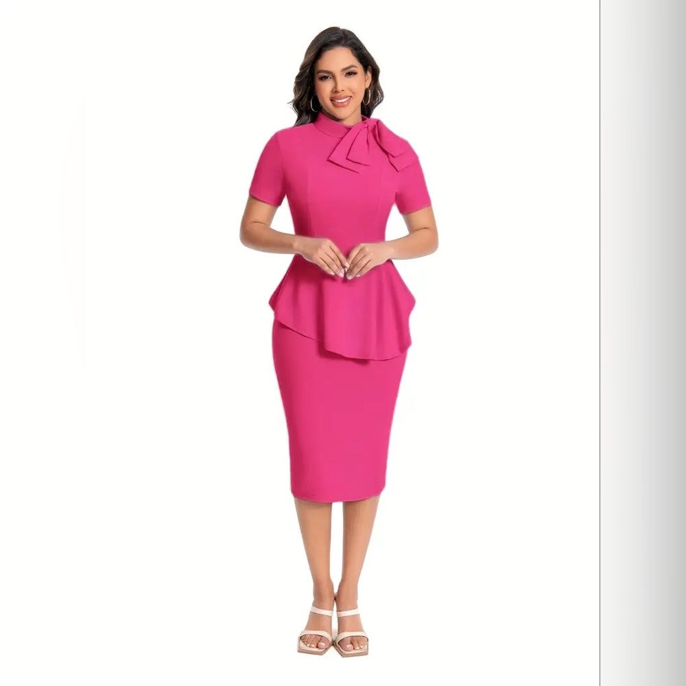 Women's Pink Peplum Midi Dress with Bow Neck - Picture 3 of 10
